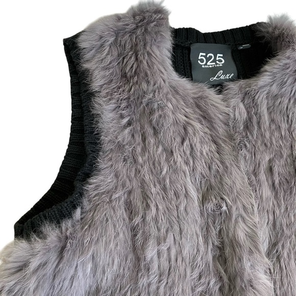 525 America Luxe Gray Rabbit Fur Open Front Vest With Chunky Knit Back Luxury M - Picture 10 of 16